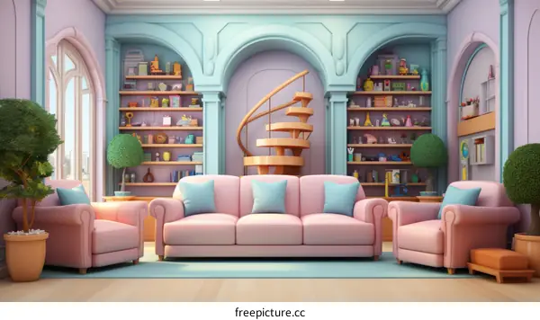 A pink living room with a spiral staircase
