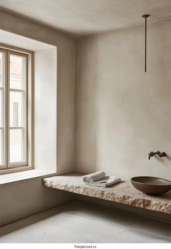 Modern Minimalist Bathroom Interior Design with Stone Countertop and Window