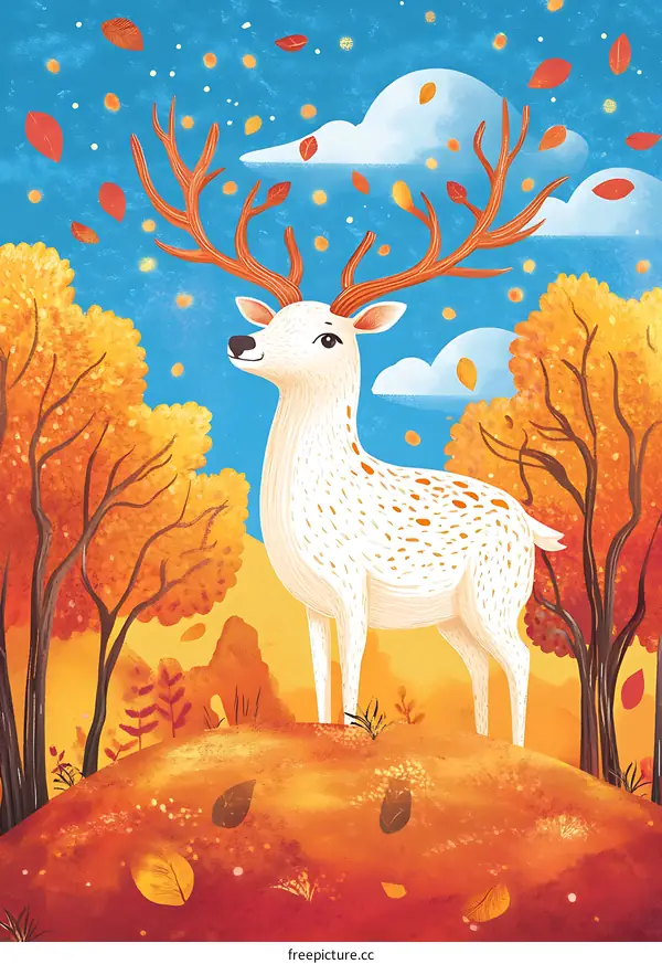 White Deer In Autumn Forest Illustration