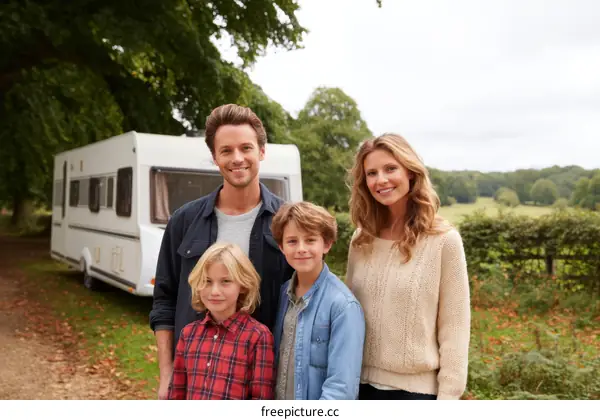 Happy Family Outdoors near a Campervan