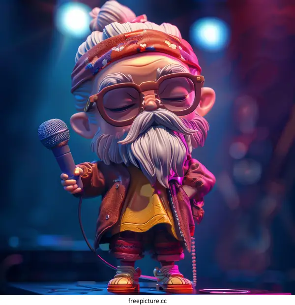 Cartoon Representation of an Elderly Man Using a Microphone to Sing
