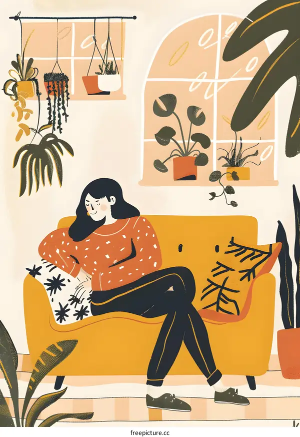 Woman Sitting On A Yellow Sofa In A Cozy Living Room With Plants