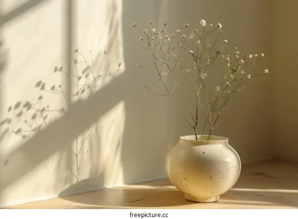 Dried baby's breath flowers in a ceramic vase by the window