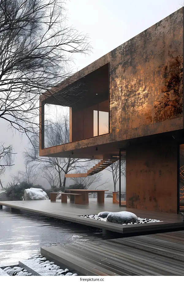 Wooden house exterior with large windows and a view of the lake