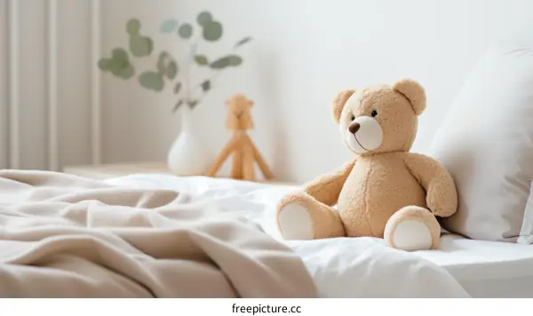 A cute teddy bear sitting on a bed