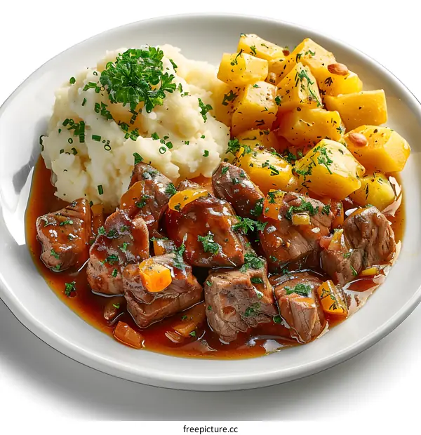 Beef stew with mashed potatoes and roasted pumpkin