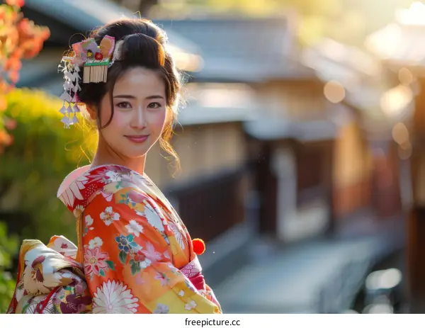 Portrait of a beautiful Japanese woman in traditional kimono