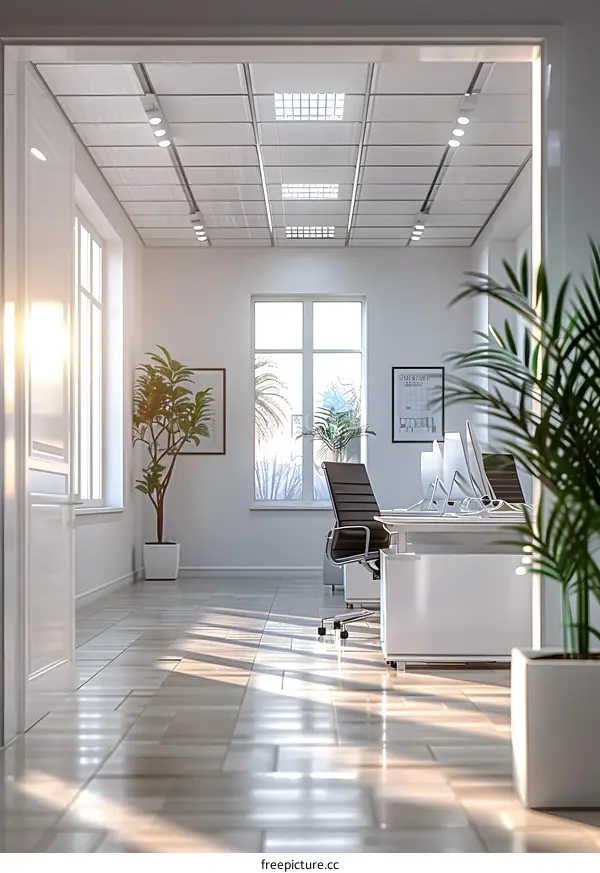 bright modern office interior with large windows and plants