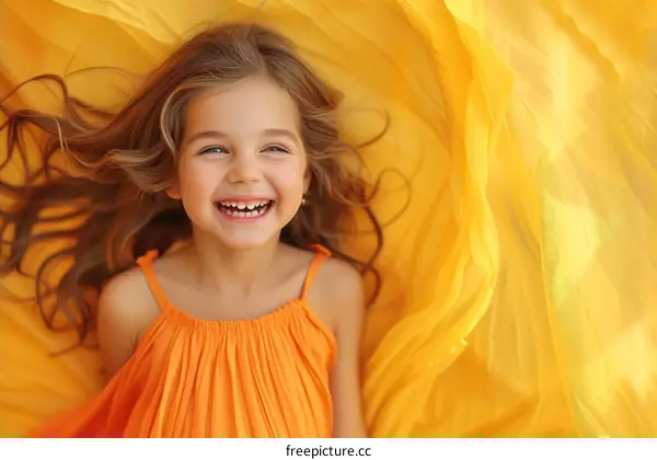 Little girl in orange dress smiling happily