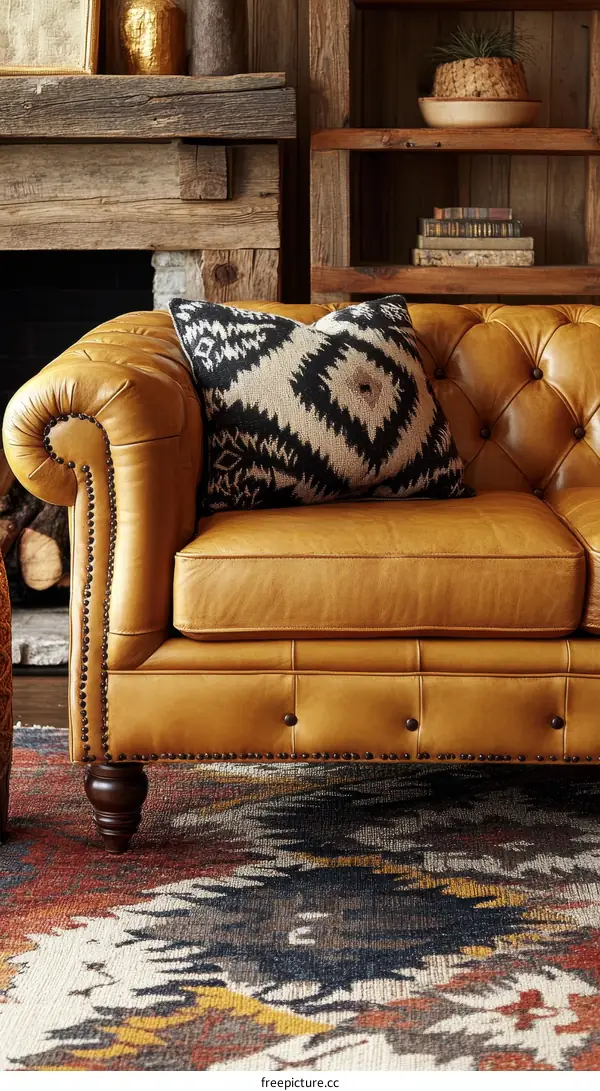 Rustic Living Room Leather Sofa and Rug
