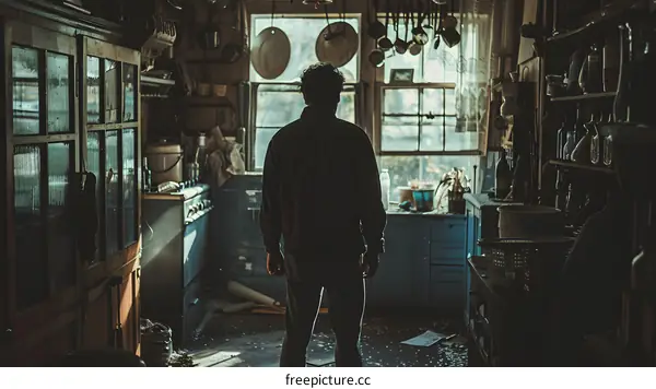 Man standing in a dark kitchen