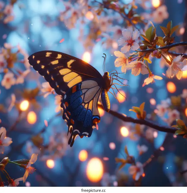 A butterfly on a branch with white flowers