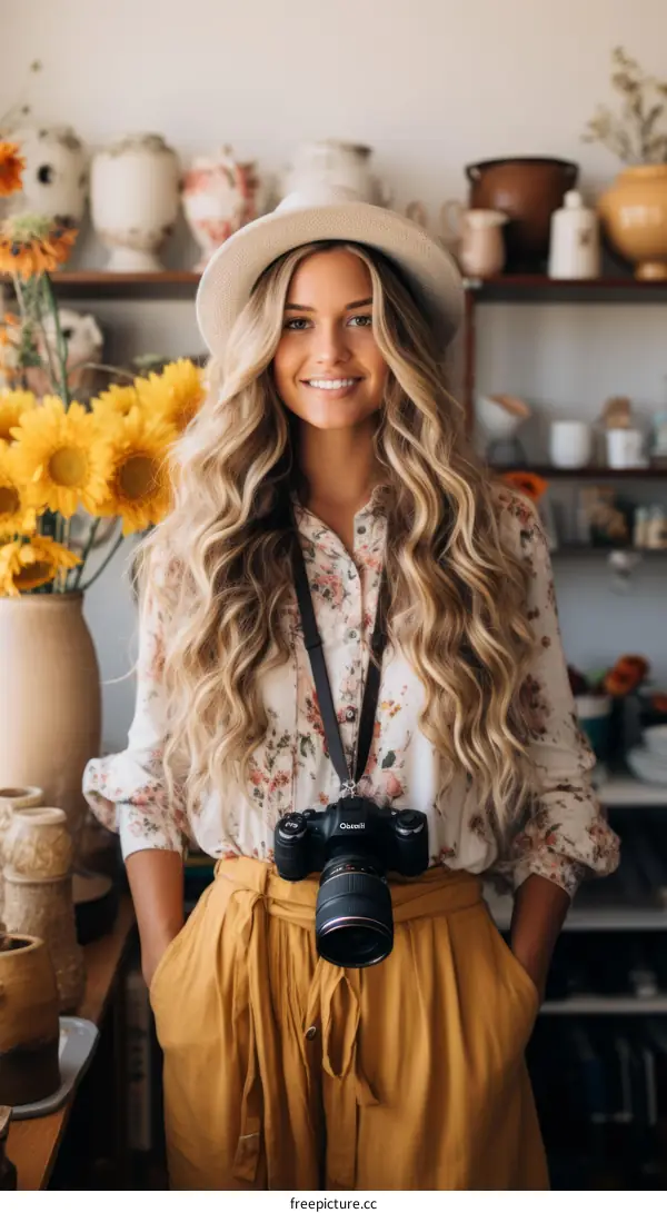 Portrait of a smiling young woman wearing a hat and holding a camera