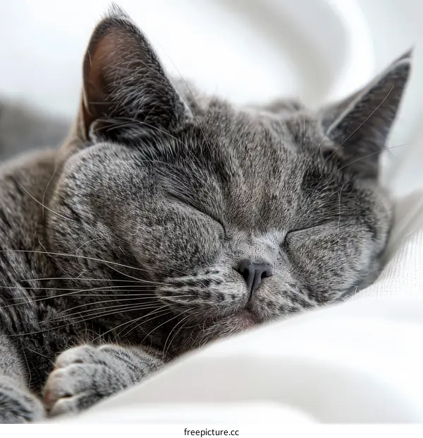 A gray cat is sleeping on a white cloth