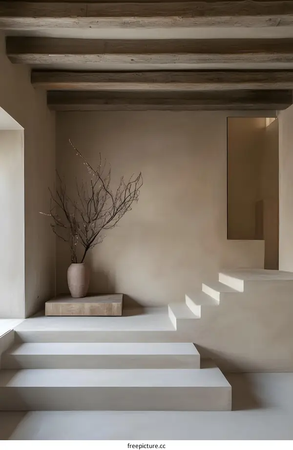 Minimalist Interior Design with Concrete Stairs and Wooden Beams