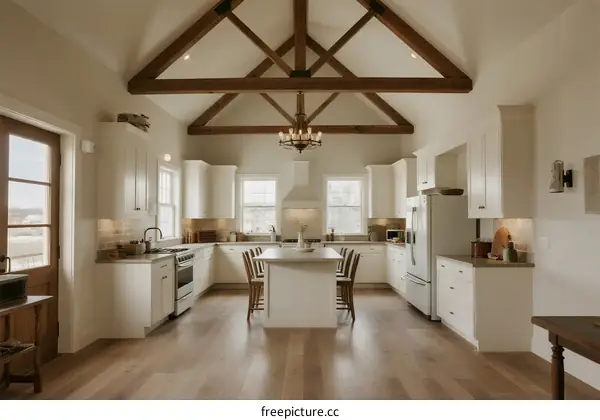 Spacious modern kitchen with wooden beams and white cabinetry
