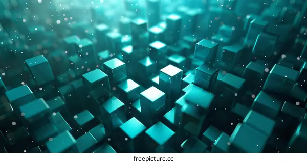 Abstract 3D rendering of glowing blue cubes background with particles
