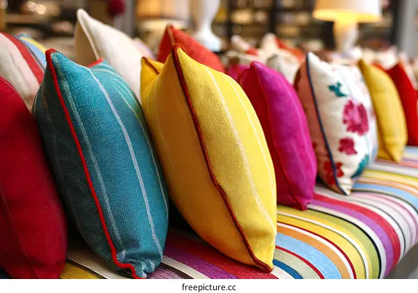 Colorful Decorative Throw Pillows on Striped Sofa
