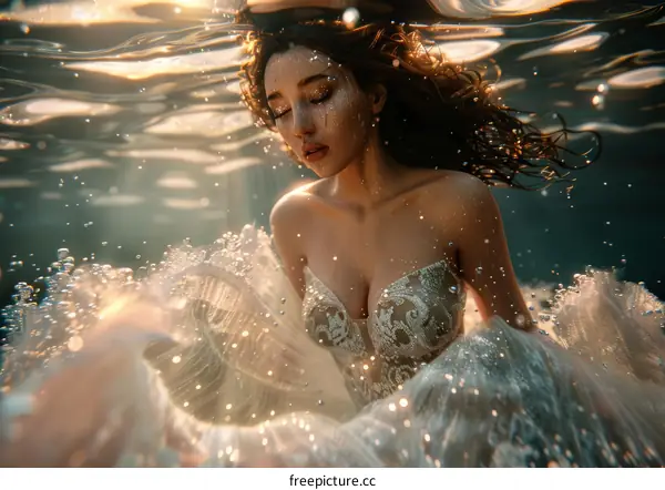 Submerged Elegance: Woman in a White Dress Underwater