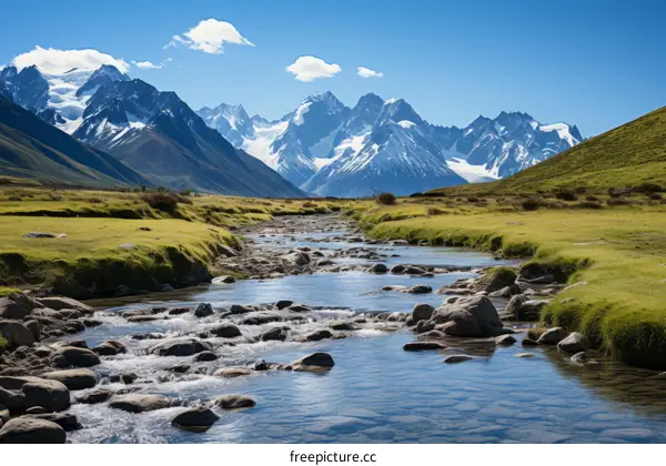 Mountain river flowing through a valley with snow capped mountains in the distance