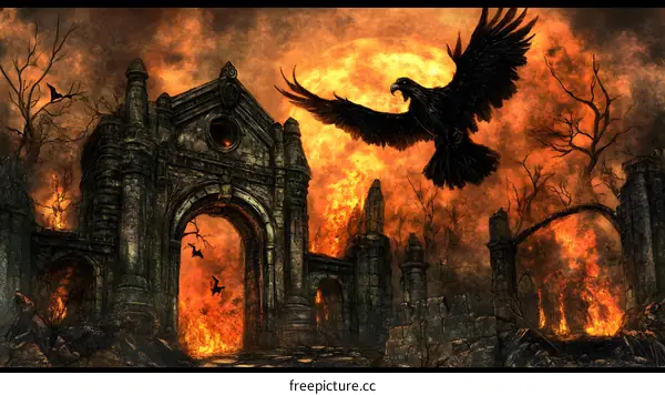 Burning Castle with Flying Raven and Bats