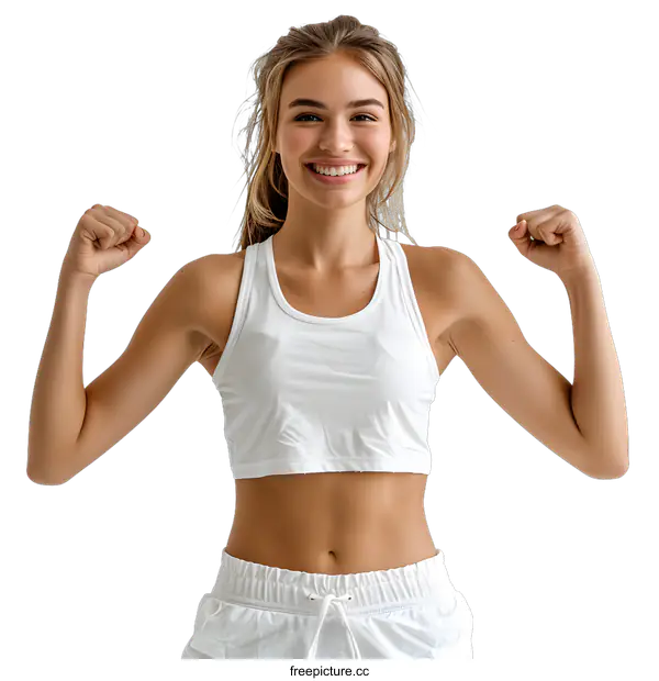 [Transparent Background PNG]Portrait of a smiling young woman flexing her muscles
