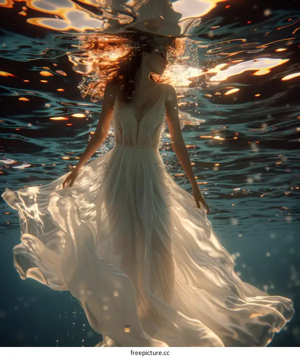 An ethereal underwater photoshoot of a woman in a white dress