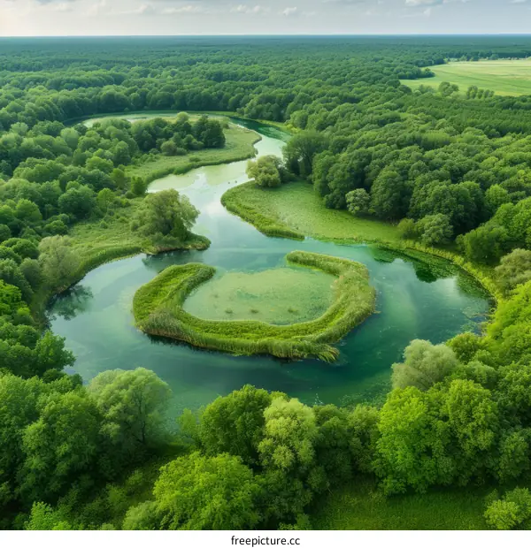 A green river winds through a lush forest