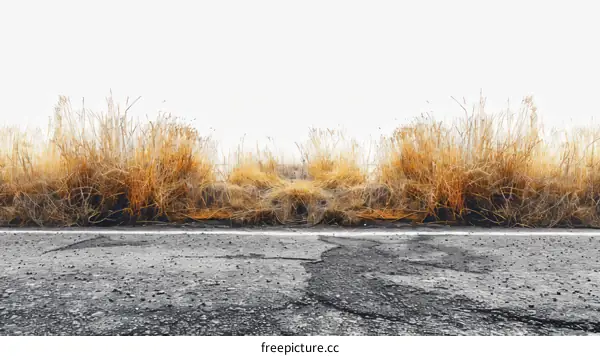 Dried grass field and cracked asphalt road