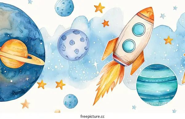 Rocket Ship in Space with Planets and Stars