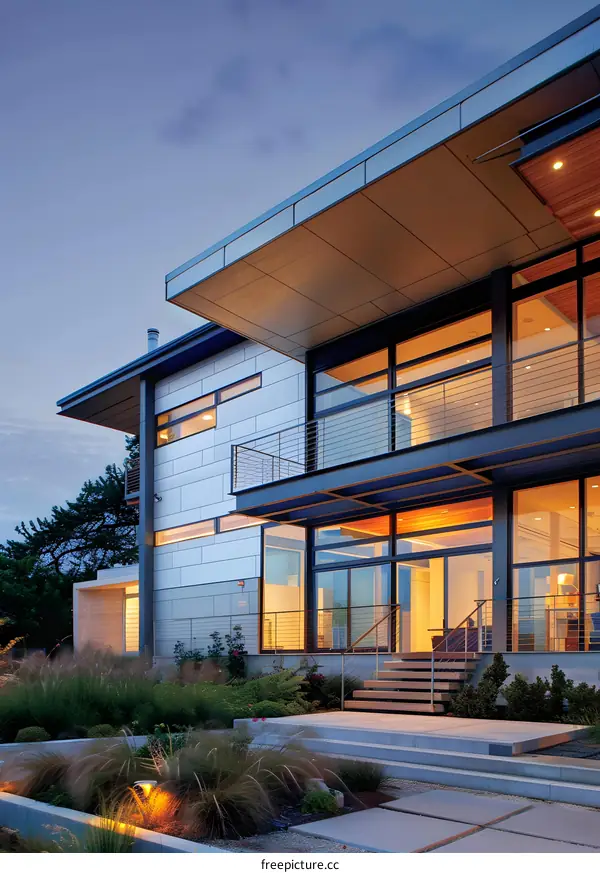 Modern House with Large Windows and Landscaping