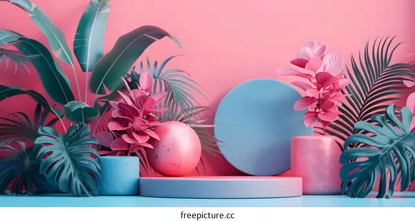 Pink and Blue Tropical Plant Background with Geometric Shapes