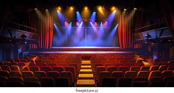 Empty Theater Stage with Red Curtains and Spotlights