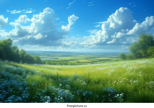 Birds Flying Over a Green Hill With White Flowers