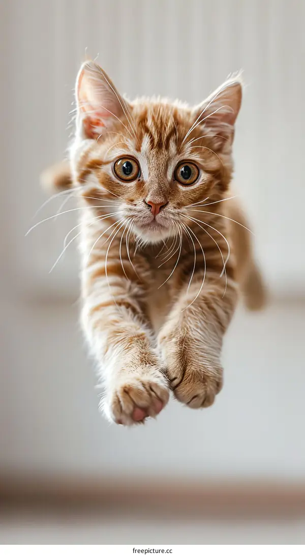 Cute ginger kitten jumping in mid-air