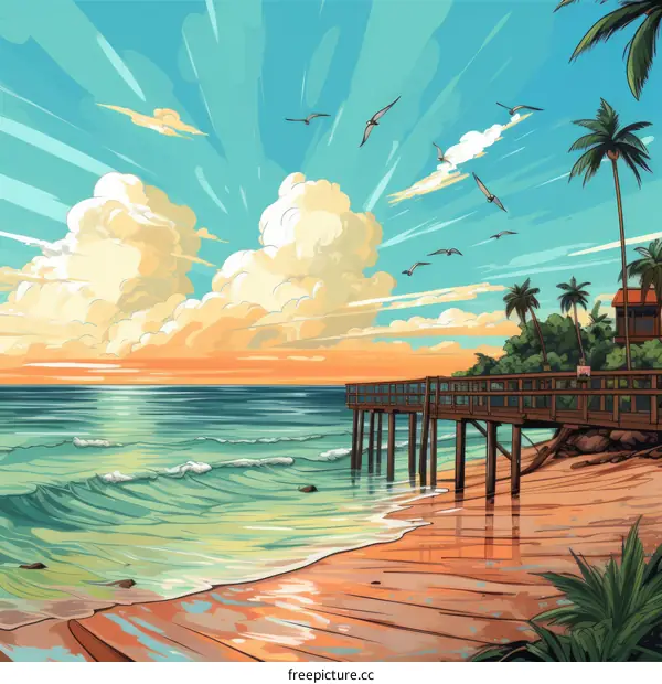 Beach scene with a dock, palm trees, and a setting sun