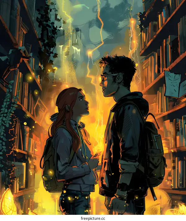 Two people standing in a library looking at each other with bookshelves around them.