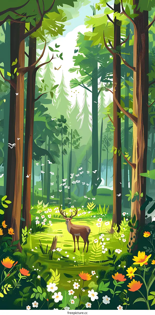 Forest Illustration with Deer and Flowers