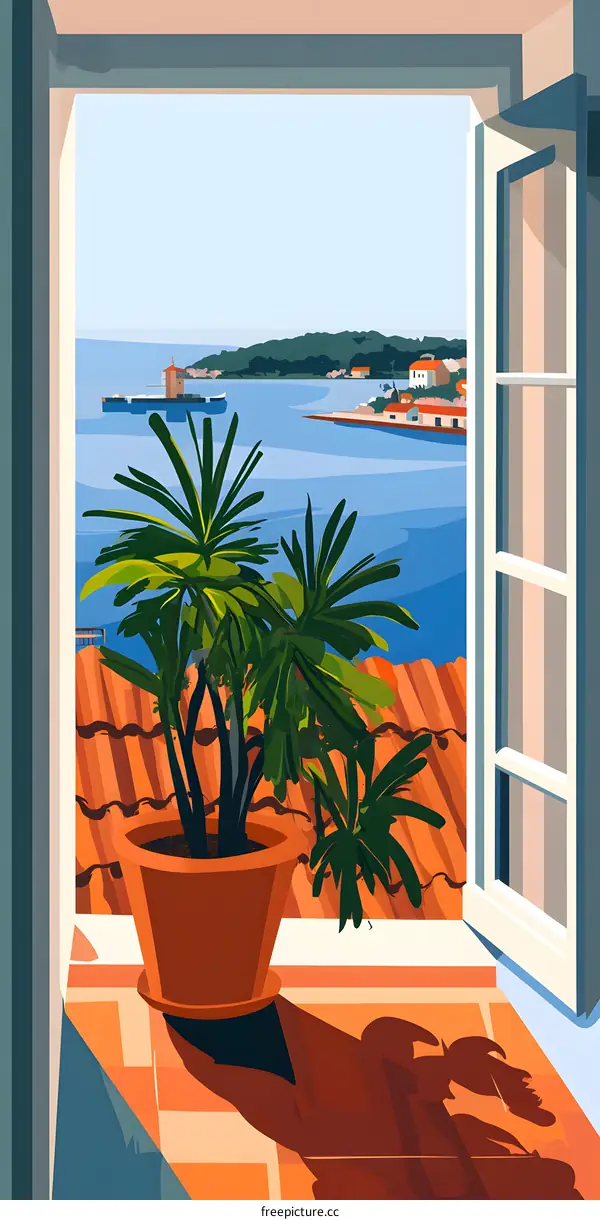 Window View of a Coastal Town with Palm Trees