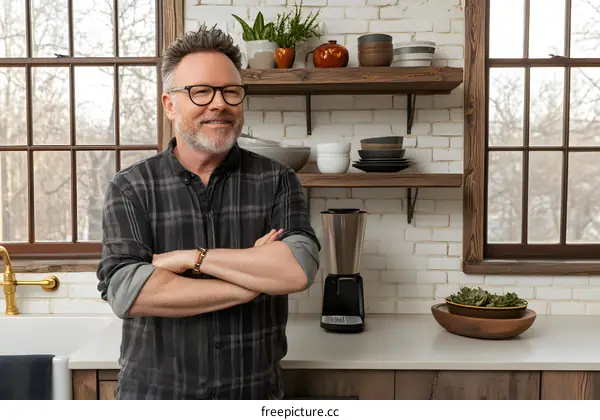 Smiling Man Standing In Kitchen With Countertop Appliances