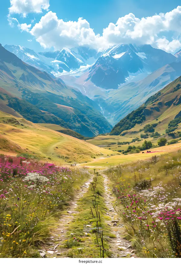 Mountain Valley Path Leading to Snowy Peak