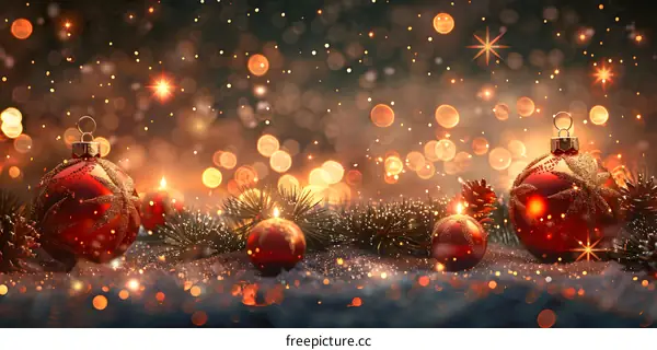Christmas ornaments with red and gold colors and fairy lights in the background