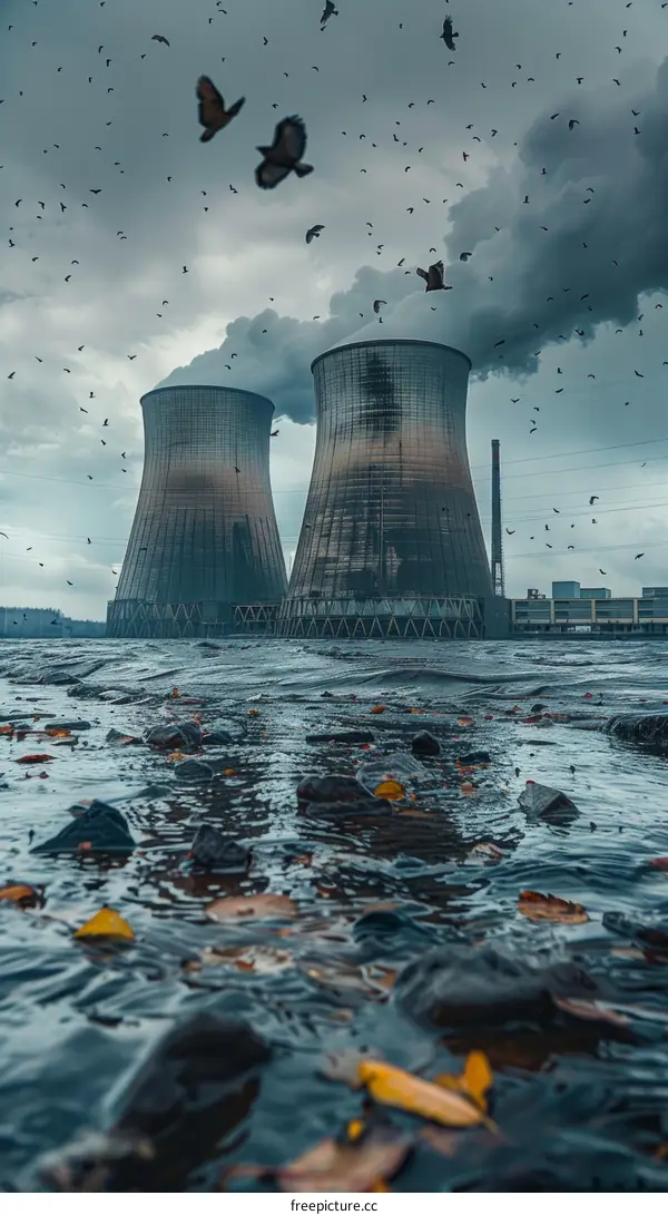 Nuclear Power Plant With Cooling Towers Emitting Smoke and Steam