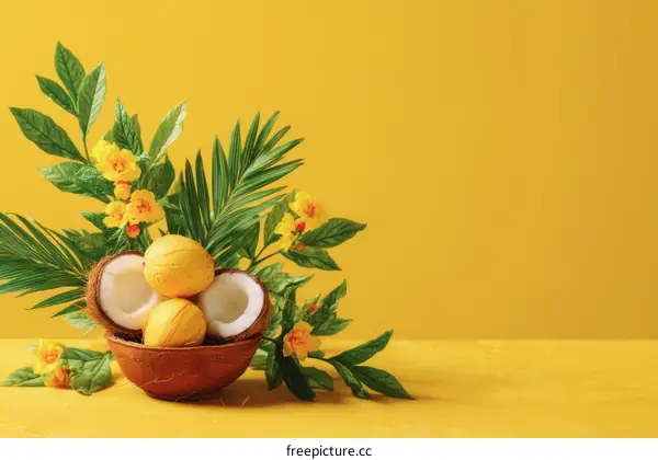 Tropical Coconut Still Life on Yellow Background