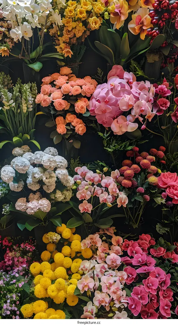 Colorful Flower Arrangement with Orchids, Roses, and Chrysanthemums