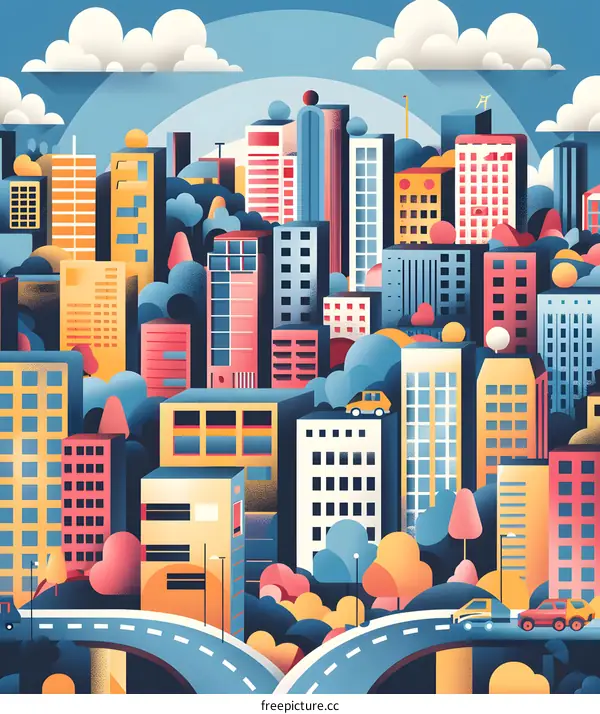 Abstract Cityscape with Colorful Buildings and Cars