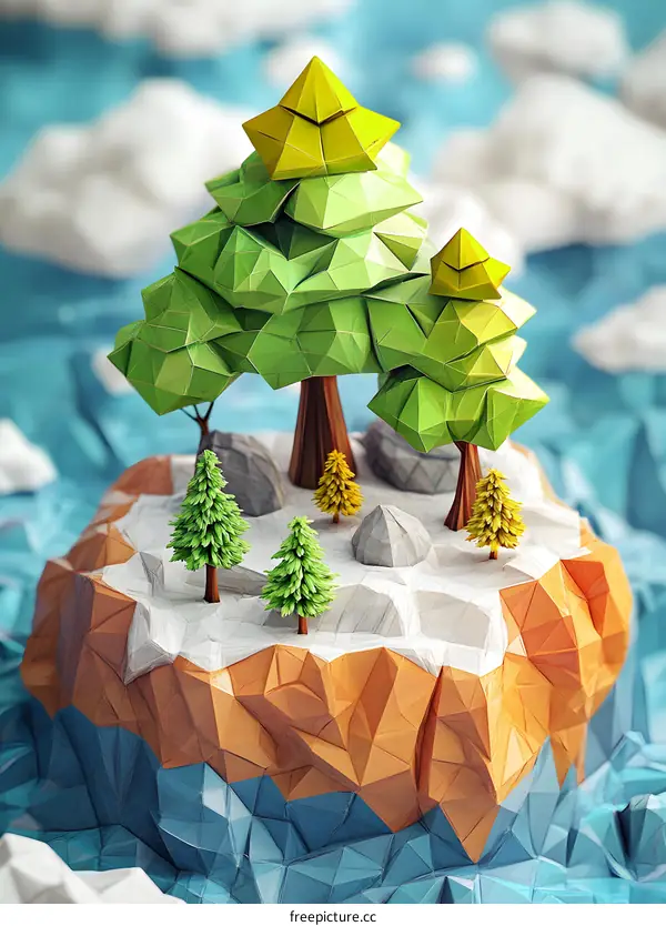 Low Poly Style 3D Illustration of Island with Trees