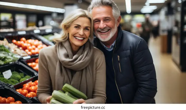 Happy senior couple grocery shopping together