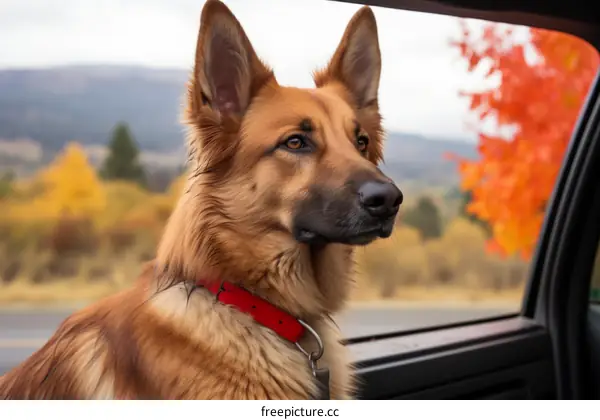 German Shepherd looking out car window at Fall foliage