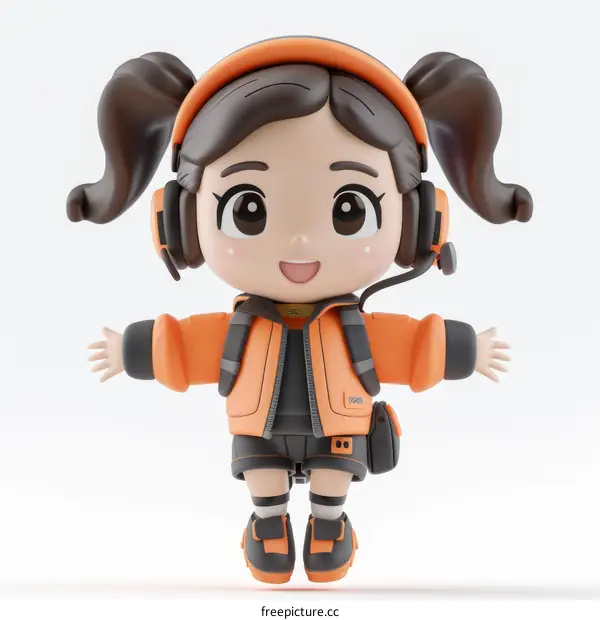 3D illustration of a young girl with brown hair and orange clothes